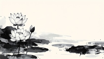 Elegant Black and White Lotus Illustration on Water