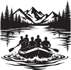 Black and white illustration of people rafting on a lake with mountains