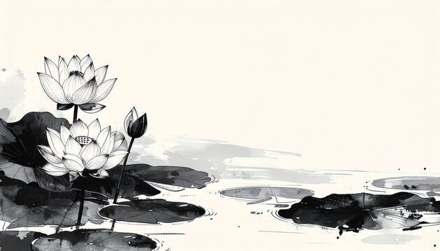 Elegant Black and White Lotus Illustration on Water