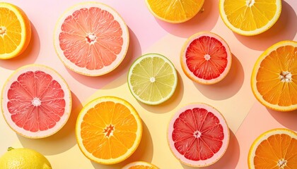 Fototapeta premium Overhead Flat Lay of Sliced Citrus Fruits on Pastel Pink and Yellow Background in Bright Lighting and High Angle View for Freshness