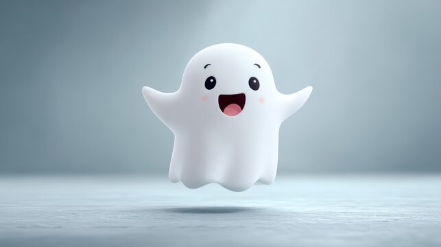 Cartoon ghost with happy face and floating gently above the ground, isolated on white background - Powered by Adobe