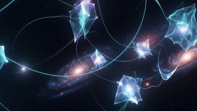 Abstract network across a galaxy backdrop with translucent polygon shapes connected by glowing lines