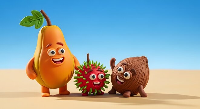Three cartoon fruits, a pear, a rambutan, and a coconut, stand together smiling on a sandy surface against a blue sky.
