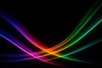 Naklejka premium Vivid multicolor light trails flowing on deep black forming energetic ribbons that create a dramatic abstract backdrop for music events tech branding and creative presentations
