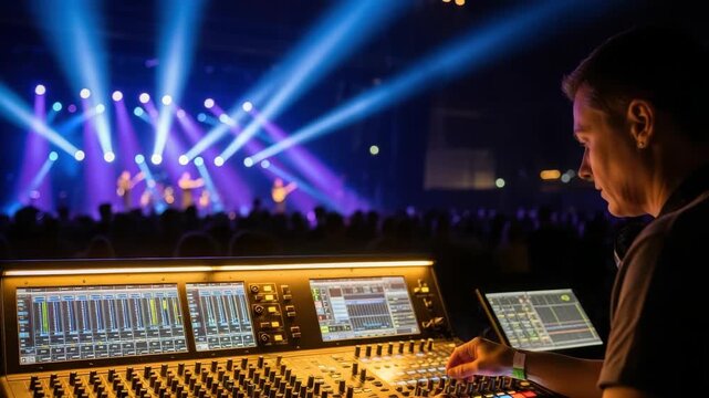 sound engineer at control console adjusts audio during live concert The stage is vibrant with purple and blue spotlights illuminating band and silhouetted crowd in the background energetic atmosphere