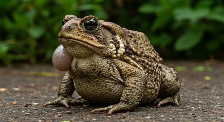 Fototapeta premium Cane toad resting on ground, large invasive amphibian species known for toxic skin and ecological impact, perfect for wildlife and nature themes.
