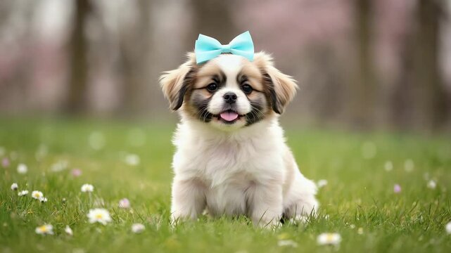 Shih Tzu puppy with a blue bow, playful expression, standing on green grass, natural light, cute and heartwarming

