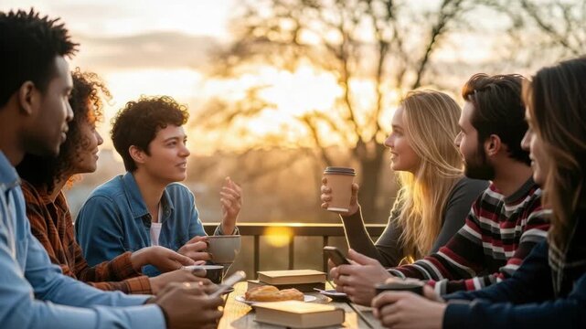 diverse group of six young adults enjoys spirited conversation around wooden table outdoors at golden hour They share hot coffees pastries and engage in animated discussion Books phones are present