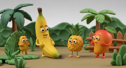 Animated fruit characters, including a banana, pineapple, mango, and small pineapple, stand in a tropical setting with trees and a fence.