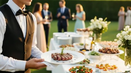 waiter in black vest and white shirt holds plate of sliced steak with rosemary and balsamic drizzle An outdoor buffet with varied dishes white floral arrangements and blurred guests populates the back