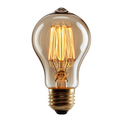 Vintage edison light bulb with glowing filament isolated on transparent background