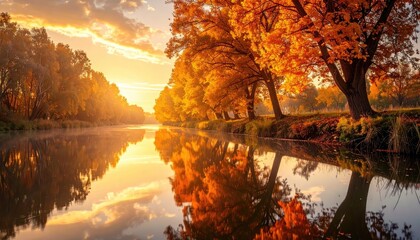 Scenic Autumn River Landscape with Golden Foliage Reflections at Sunset Tranquil Waters and Vibrant Orange and Yellow Treetops Under a Soft Cloudy Sky