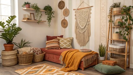 Cozy bohemian interior with plants pillows and woven decorations