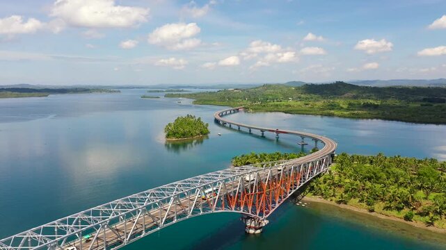 San Juanico Bridge: The Longest Bridge in the Philippines. Road bridge between the islands, top view. Summer and travel vacation concept.