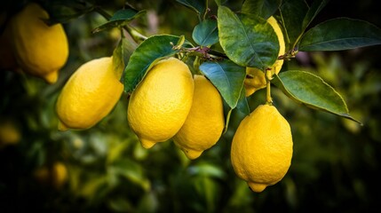 Golden Citrus: Vibrant yellow lemons hang in abundance from a sun-drenched branch, showcasing the perfect natural beauty and freshness of the fruit.