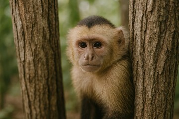 Obraz premium Adorable White Faced Capuchin Monkey Portrait Leaning Against Tree Trunk in Lush Green Forest