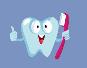 Happy Tooth Mascot Holding a Toothbrush Vector Cartoon illustration. Cheerful healthy molar having no cavities due to proper hygiene
