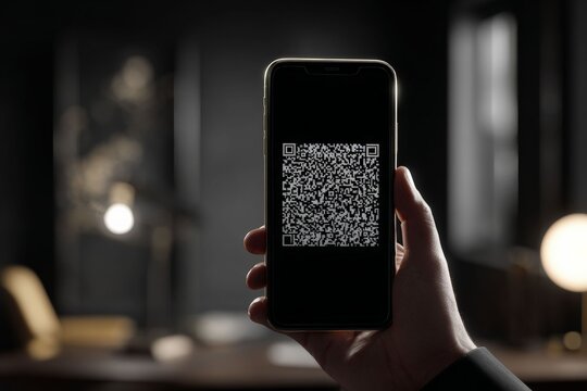 QR Code on Smartphone: A hand holds a smartphone displaying a detailed QR code against a modern office backdrop, signifying connectivity and digital interaction.