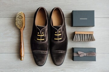 Stylish brown velvet men's shoes with shoe care accessories arranged on a wooden surface
