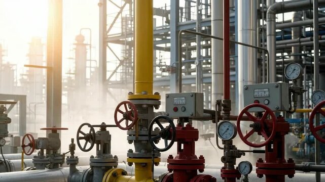 dense industrial piping network features red yellow and silver pipes numerous red/black handwheel valves pressure gauges and control boxes A hazy plant background shows tall processing towers under br