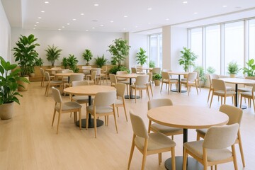 Fototapeta premium Bright and spacious cafeteria interior with modern design, natural light, round tables, and green plants