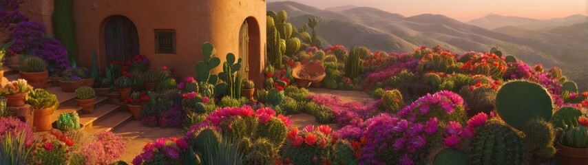 Scenic landscape of a building with colorful flowers mountains and sunlight