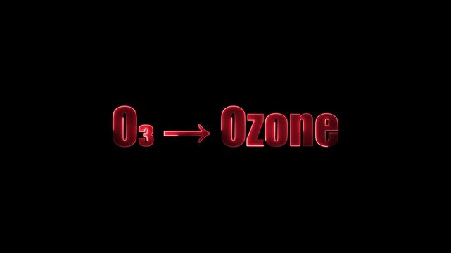 O3 Ozone Chemical Formula and Name Glowing Red 3D Text on Black Background chemical name