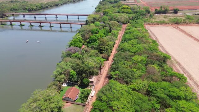 Drone view of Rio Pardo river with bridge and preserved native vegetation in Barretos and Gua&iacute;ra, S&atilde;o Paulo, Brazil