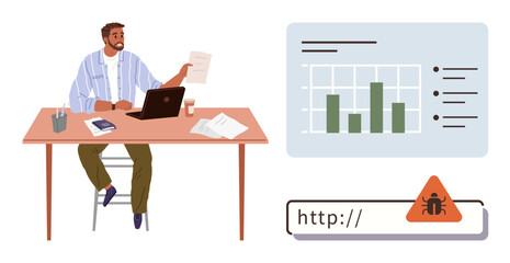 Man working on laptop with charts and documents analyzing data trends. Cybersecurity alert with warning triangle. Ideal for data analysis, IT, cybersecurity, online safety, malware detection