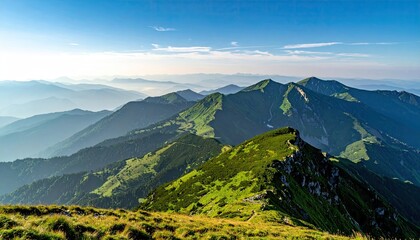 Scenic Green Mountain Range with Blue Sky and Soft Sunlight Landscape View