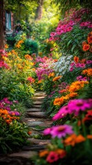 Obraz premium Enchanting Garden Path with Vibrant Flowers in Full Bloom, Leading Through Lush Greenery and Sunlight