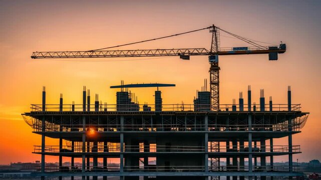 unfinished building and tower crane silhouette against vibrant orange sunset sky Sunrays pierce the concrete structure rebar and formwork illuminating the construction site and distant horizon