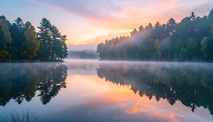 Scenic Lake at Sunrise with Reflections of Trees in Calm Waters and a Hazy Sky with Pink and Orange Tones Creating a Serene and Peaceful Atmosphere