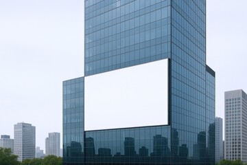 Naklejka premium Blank Billboard on Modern Glass Building, Ideal for Advertisement Mockups in Urban Environment
