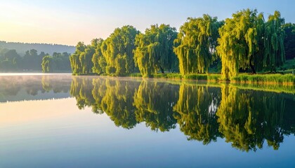 Scenic Lake Landscape Reflecting Lush Green Trees Under a Clear Blue Sky at Dawn with a Calm Water Surface and Distant Hillside View Tranquil Atmosphere