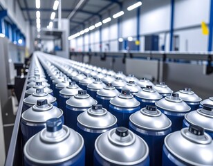 Obraz premium Spray cans on a conveyor belt in a modern factory