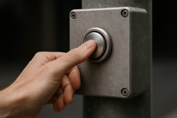 Person Pushing a Metal Public Pushbutton for Pedestrian Crossing, Illustrating Urban Infrastructure and Accessibility