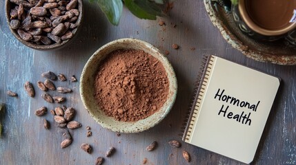 Cocoa Power for Hormonal Balance: An inviting flat lay showcasing bowls of cocoa beans and cocoa powder alongside a notebook with the words 'Hormonal Health'.