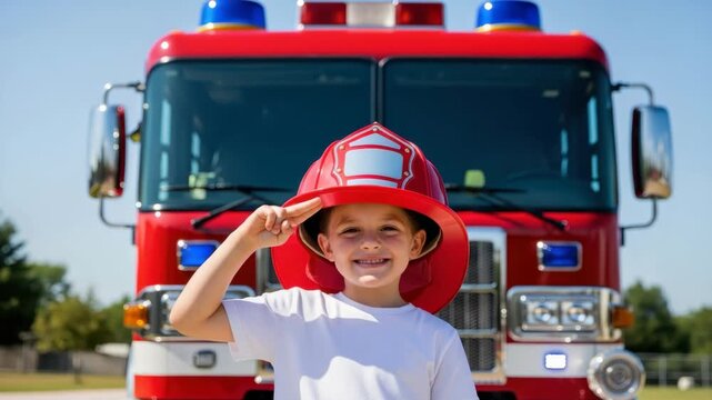 cheerful young child in red helmet and white tee salutes smiling broadly A vibrant red emergency vehicle is visible behind them against bright blue sky