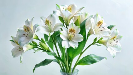 Fototapeta premium Delicate white alstroemeria blooms in a vase with lush greenery