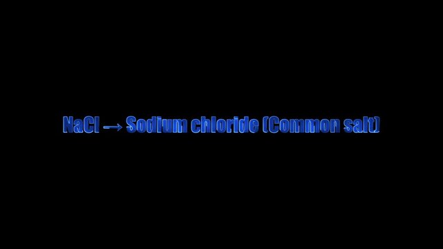 Blue neon text shows Na Cl arrow Sodium chloride Common salt on black background chemical formula chemistry