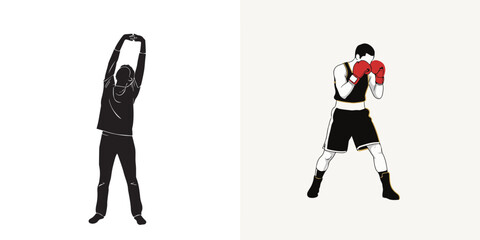 Fototapeta premium Vector Illustrations of a Person Stretching and a Boxer in Stance