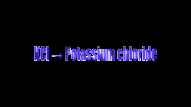 Purple 3D text shows K Cl arrow Potassium chloride on black background chemical formula chemistry
