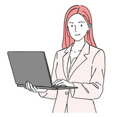 ノートパソコンを操作するキャリアウーマンの線画イラスト,仕事,オンライン,モバイルワーク