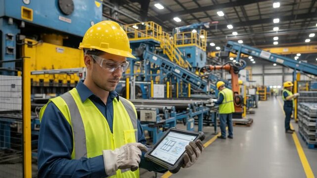 skilled worker in hard hat safety vest and gloves operates rugged tablet with schematic in bright modern factory Heavy machinery blue conveyors and other workers are visible