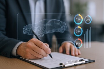 Automotive Analytics: Businessman Analyzing Car Data with Holographic Interface for Insurance and Sales