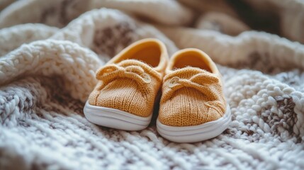 Baby shoes on Cozy blanket: A pair of soft, yellow baby shoes rests gently upon a textured, knitted blanket, creating a feeling of comfort, warmth, and the anticipation of new beginnings.
