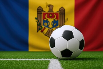 Fototapeta premium Soccer ball on a green field with a flag background, ideal for sports and patriotism themes
