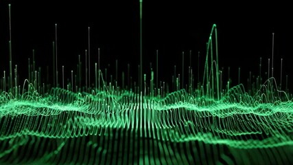 abstract digital visualization features numerous luminous green vertical lines and undulating wave patterns on dark background data analysis or sound frequencies - Powered by Adobe