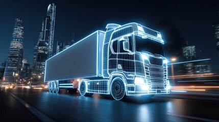 Futuristic Truck Digital Illustration Driving Through City at Night for Logistics and Transportation Concepts
